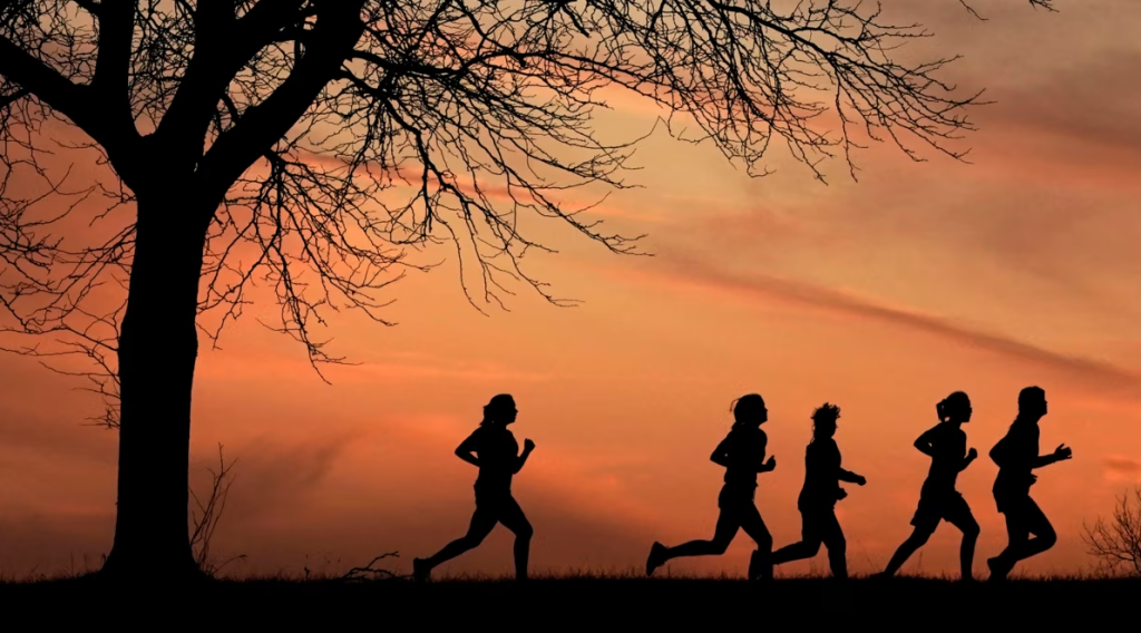 Orang berolahraga di taman dengan latar belakang matahari terbit, mencerminkan gaya hidup sehat.